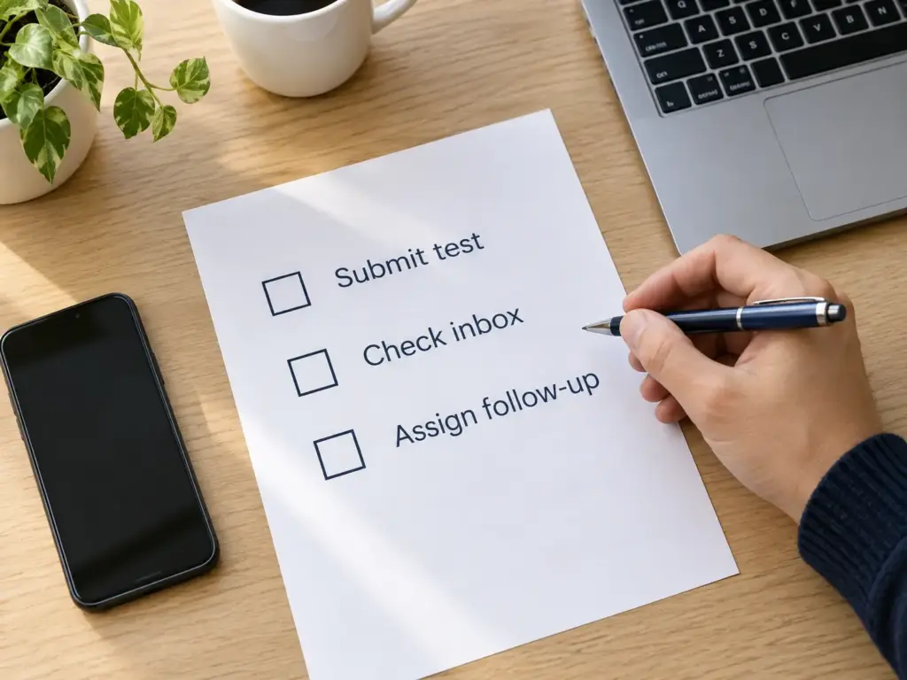 Hand holding a pen beside a checklist for submitting a test, checking the inbox, and assigning follow-up.