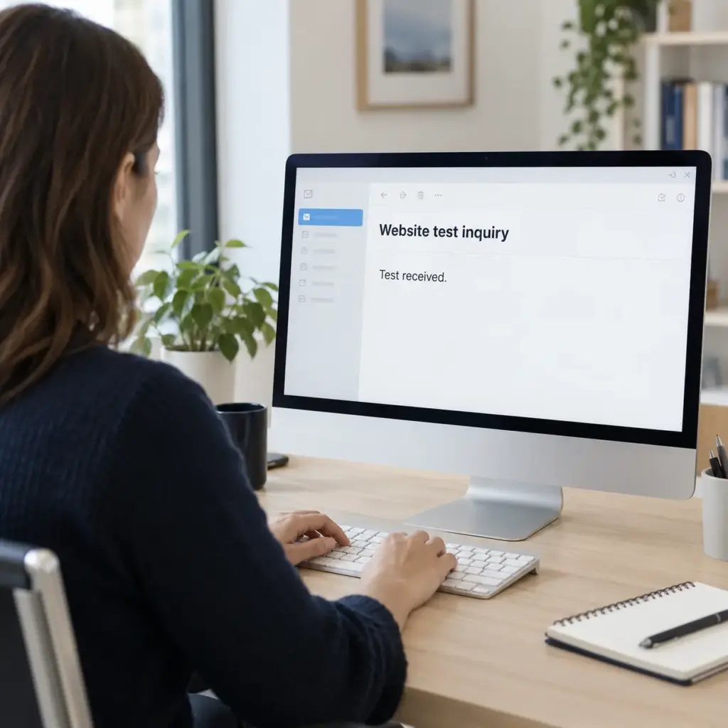 Office worker viewing a website test inquiry on a desktop monitor.
