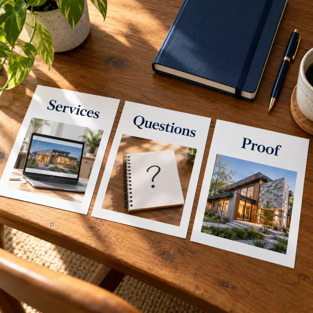 Three cards labeled Services, Questions, and Proof on a wooden desk.