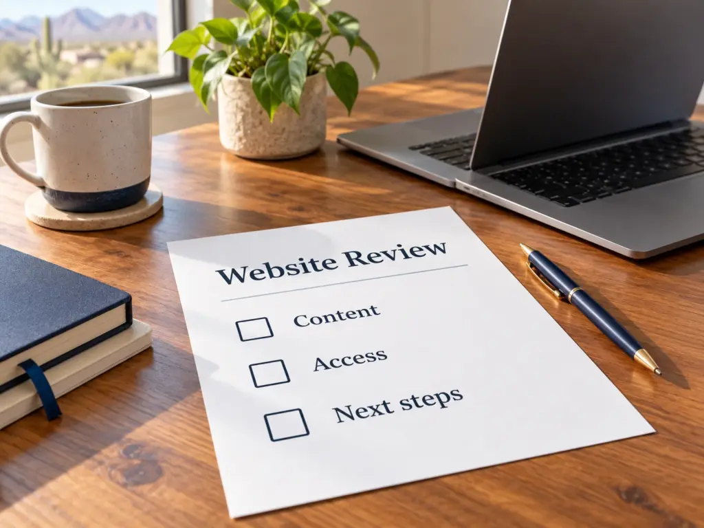 Website Review checklist with Content, Access, and Next steps checkboxes beside a laptop.